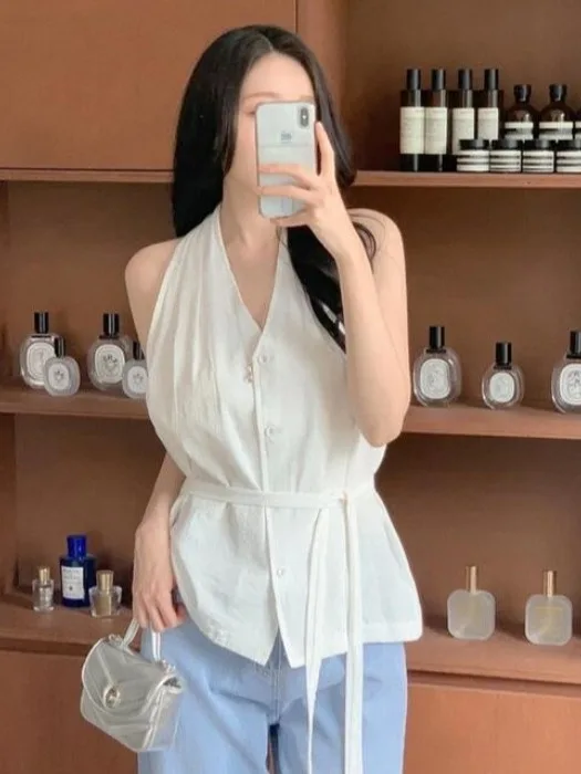 

Ele V-Ne Svel Vest Women's irt Top Ne Hanging Waist-Cinching Summer Faion Chic Commute Pure Color ort Sle