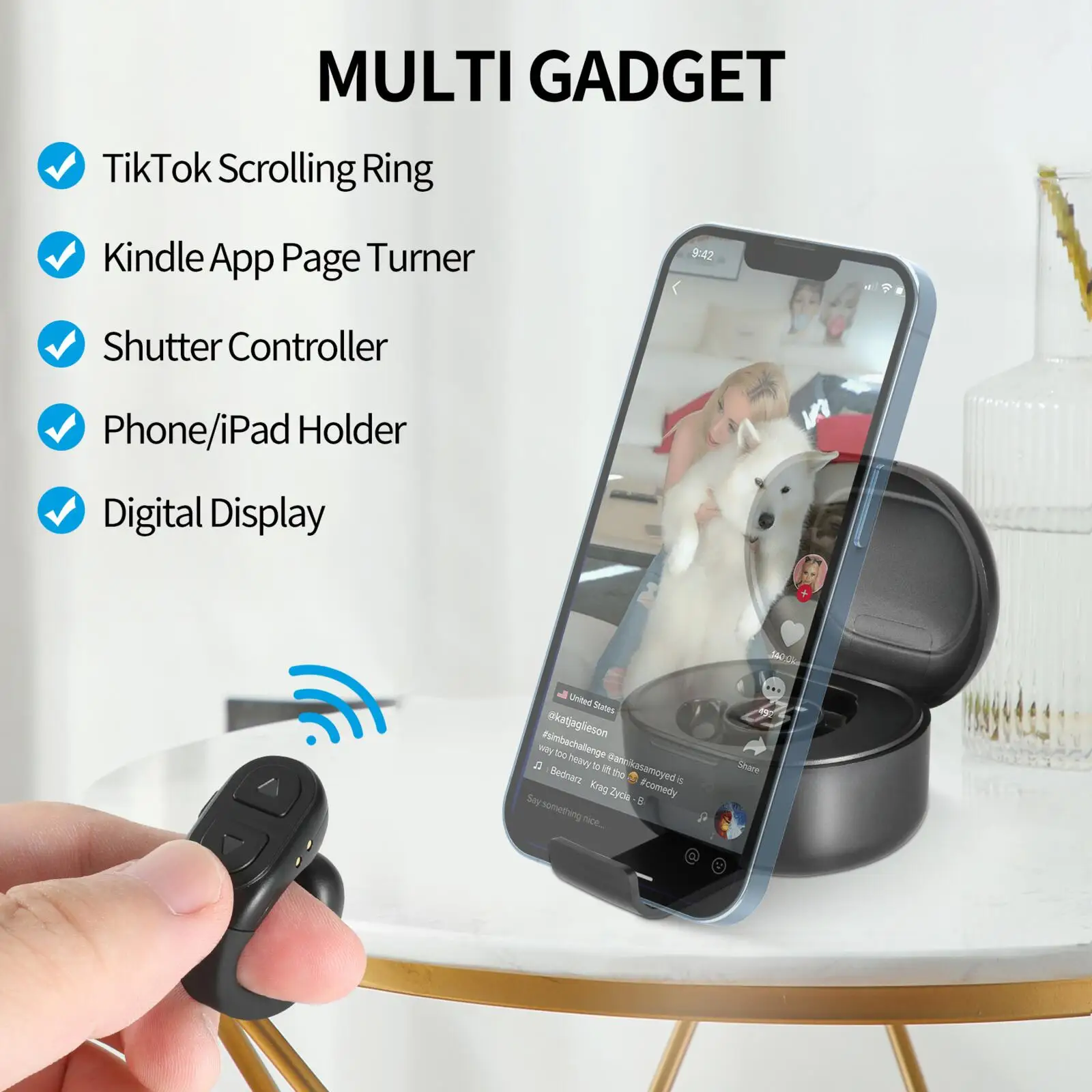 Multi-functional Bluetooth Fingertip Air Mouse Ring TikTok Scrolling Kindle Page Turner Shutter Controller Phone/iPad Holder