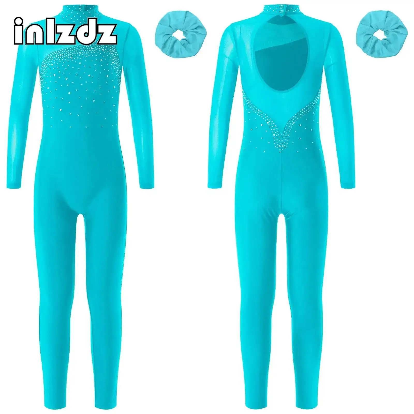 

Kids Girls Figure Skating Dance Jumpsuit Set Long Sleeve Keyhole Back Mesh Patchwork Shiny Rhinestone with Hair Band Dancewear