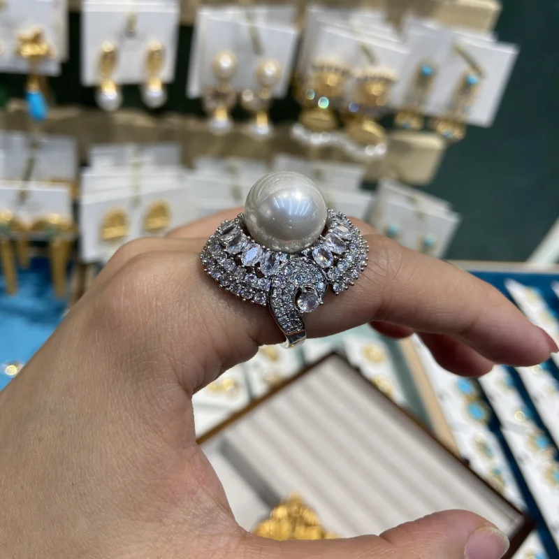 Elegant Silver Tone Pearl Statement Ring With Micro Inlaid Cubic Zirconia Adjustable Large jewelry