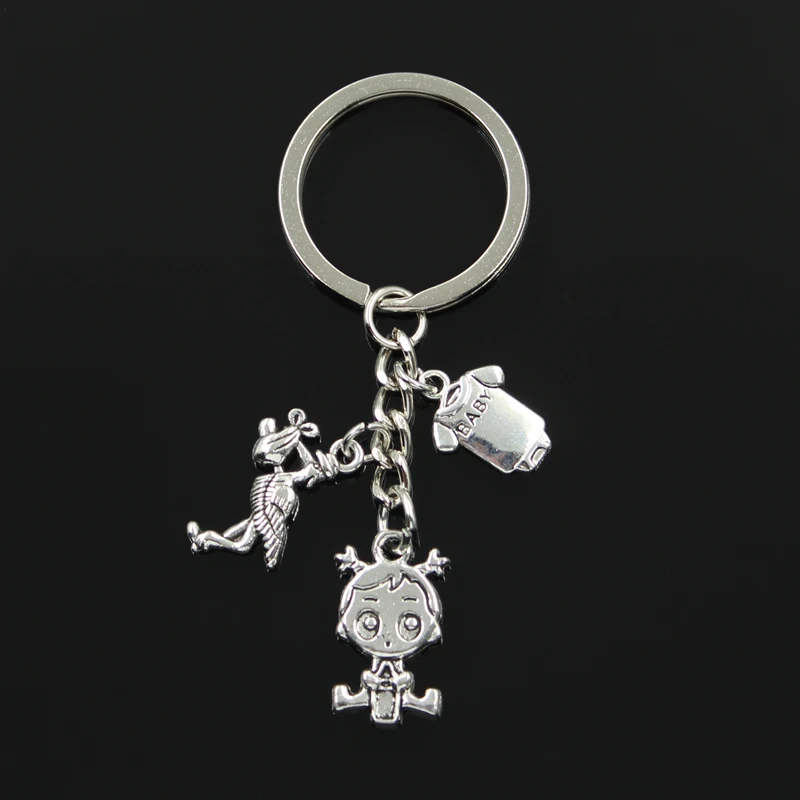 Fashion 30mm Key Chain Keychain Jewelry Silver Color Stork Baby Girl Boy Onesie Coverall Pendant