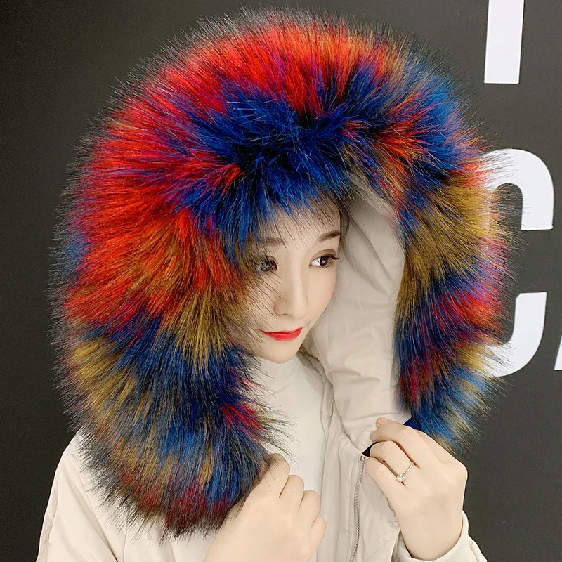 Faux Raccoon Fur Scarf Winter Hood Fur Decor Shawl Multicolor Fake Fur Scarf Winter Coat Fur Collar  cachecol  women luxury