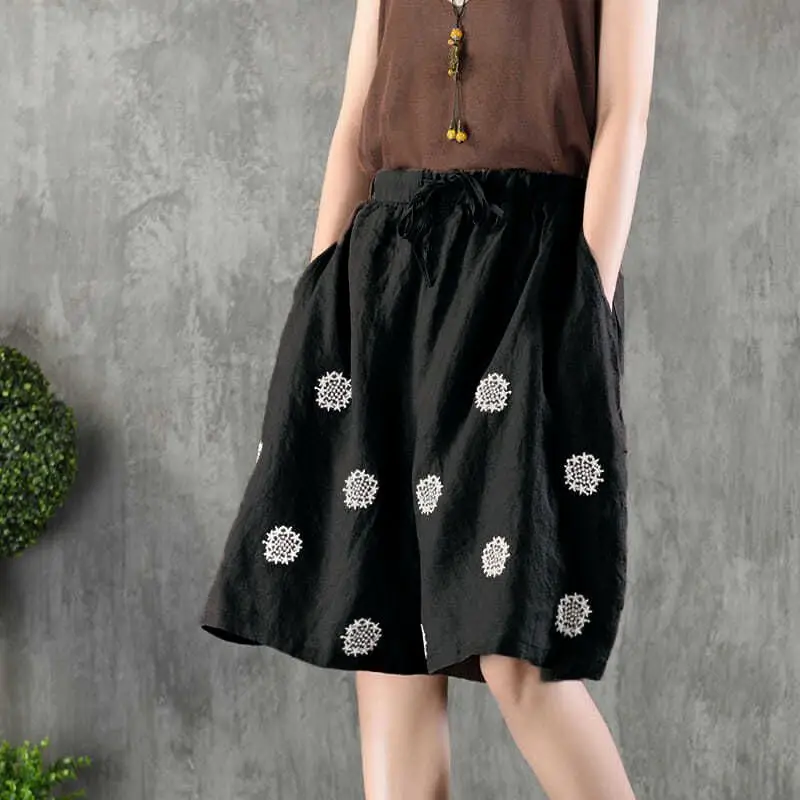 Women Summer Simplicity Loose Elegant Embroidered All-match Large Size High Waist Wide Leg Ladies Casual Trend Quarter Shorts