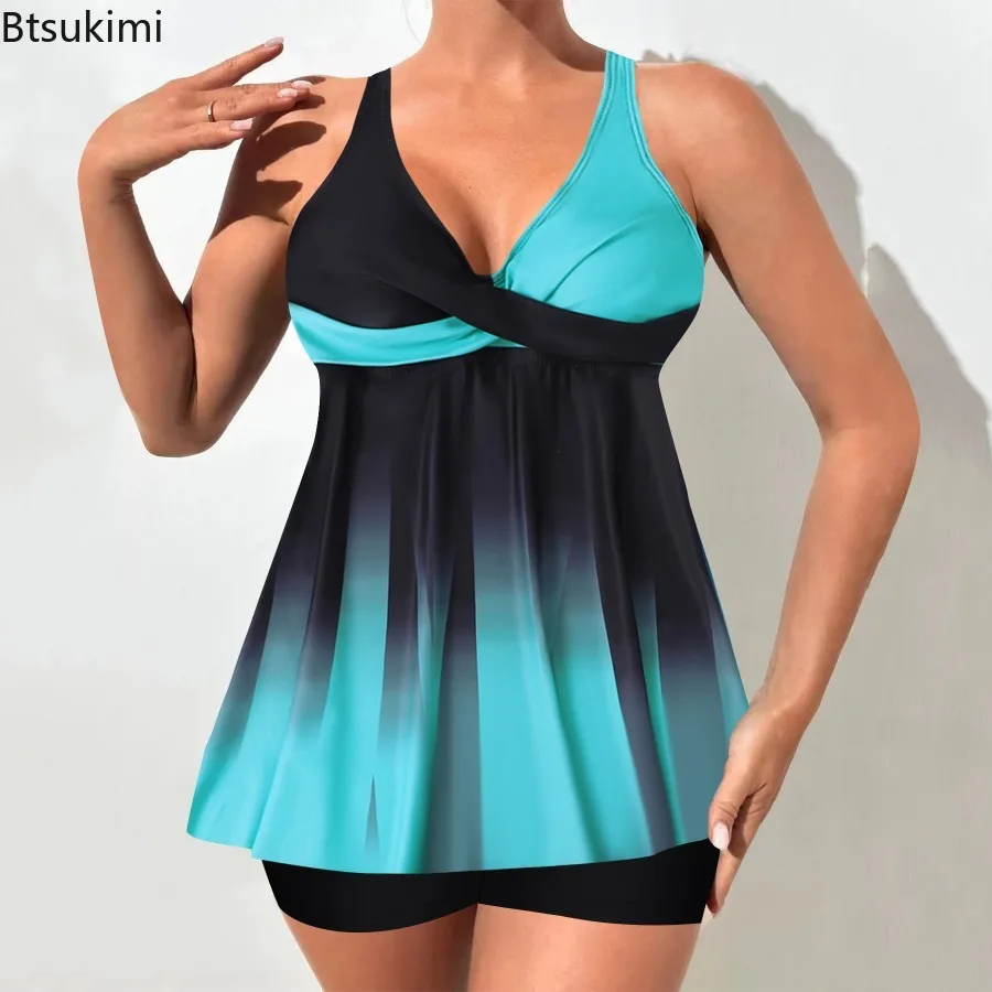Women's Premium Summer Vacation Swimwear Blockbuster Leaf Print Top and Halter Beach Swimwear Loose Belly Covering Swimsuit Sets