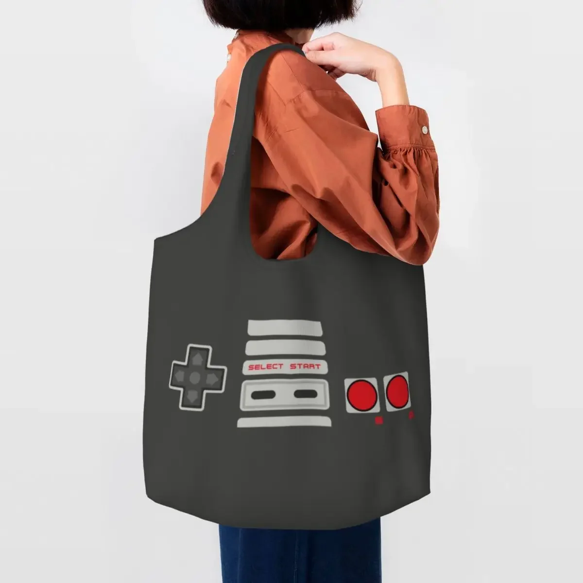 Custom Video Game Controller Grocery Shopping Bags Canvas Shopper Tote Shoulder Bag Large Capacity Washable Gamer Lover Handbag