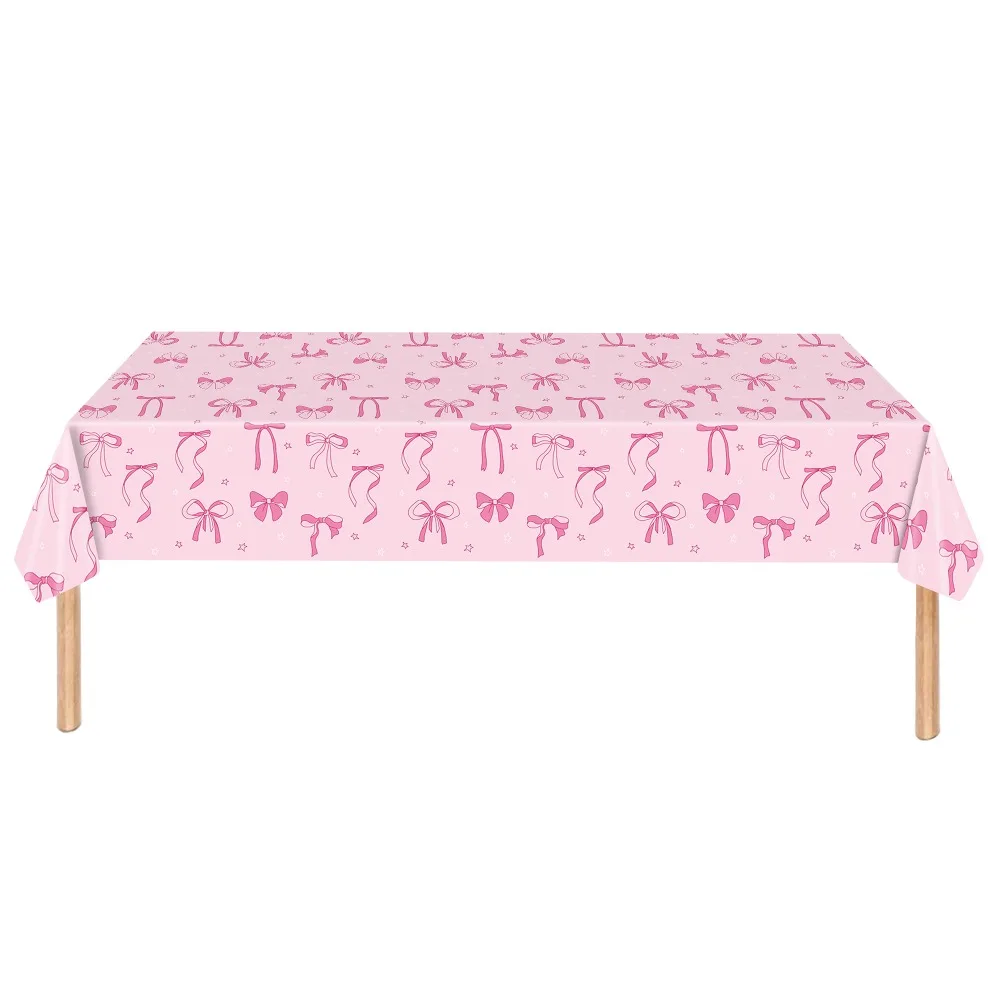 New Bow Birthday Theme Table Clothes Plastic Disposable Table Cover Pink Black White Rectangular Tablecloth for Girls Kids