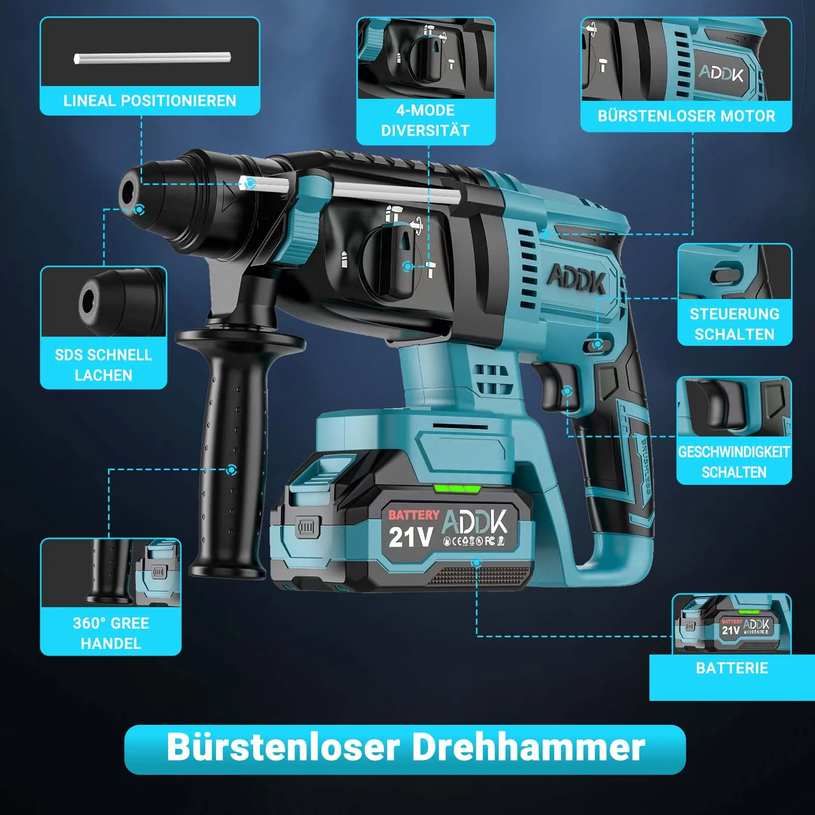 مجموعة مثقاب مطرقة لاسلكية OBBGGNT 2.1J، محرك بدون فرشاة 21 فولت، سرعة 1500 دورة في الدقيقة، مثقاب كهربائي بدون فرش 600 وات مع بطاريات 2 × 4.0 أمبير في الساعة