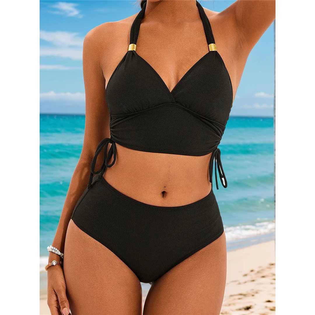 S - XXL 2026 Gerippter Neckholder-Bikini mit mittelhohem Bund, Damen-Badeanzug, zweiteiliger Bikini-Set, Badebekleidung, Badeanzug, Schwimmanzug V6447 – Detail 10