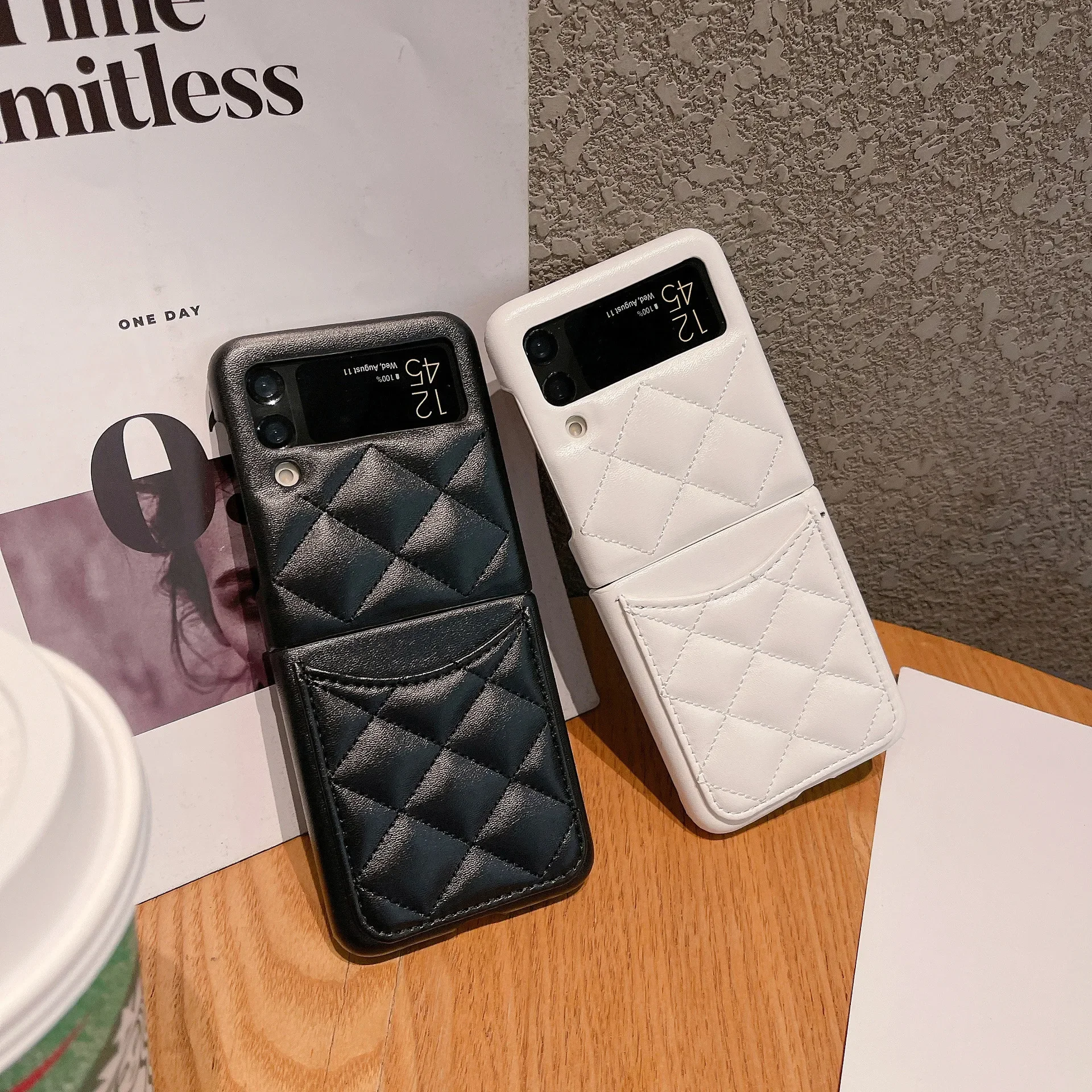 Luxus Leder Abdeckung Für Samsung Galaxy Z Flip 3 4 5 6 7 Flip7 Flip6 5G Raute Gitter Karte Slot Halter Tasche Brieftasche Telefon Fall