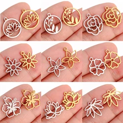 5 stks/partij Holle Bloem Charms Rvs Lotus/Rose/Sakura Hangers Lucky Amulet Diy Oorbellen Ketting Craft Sieraden maken