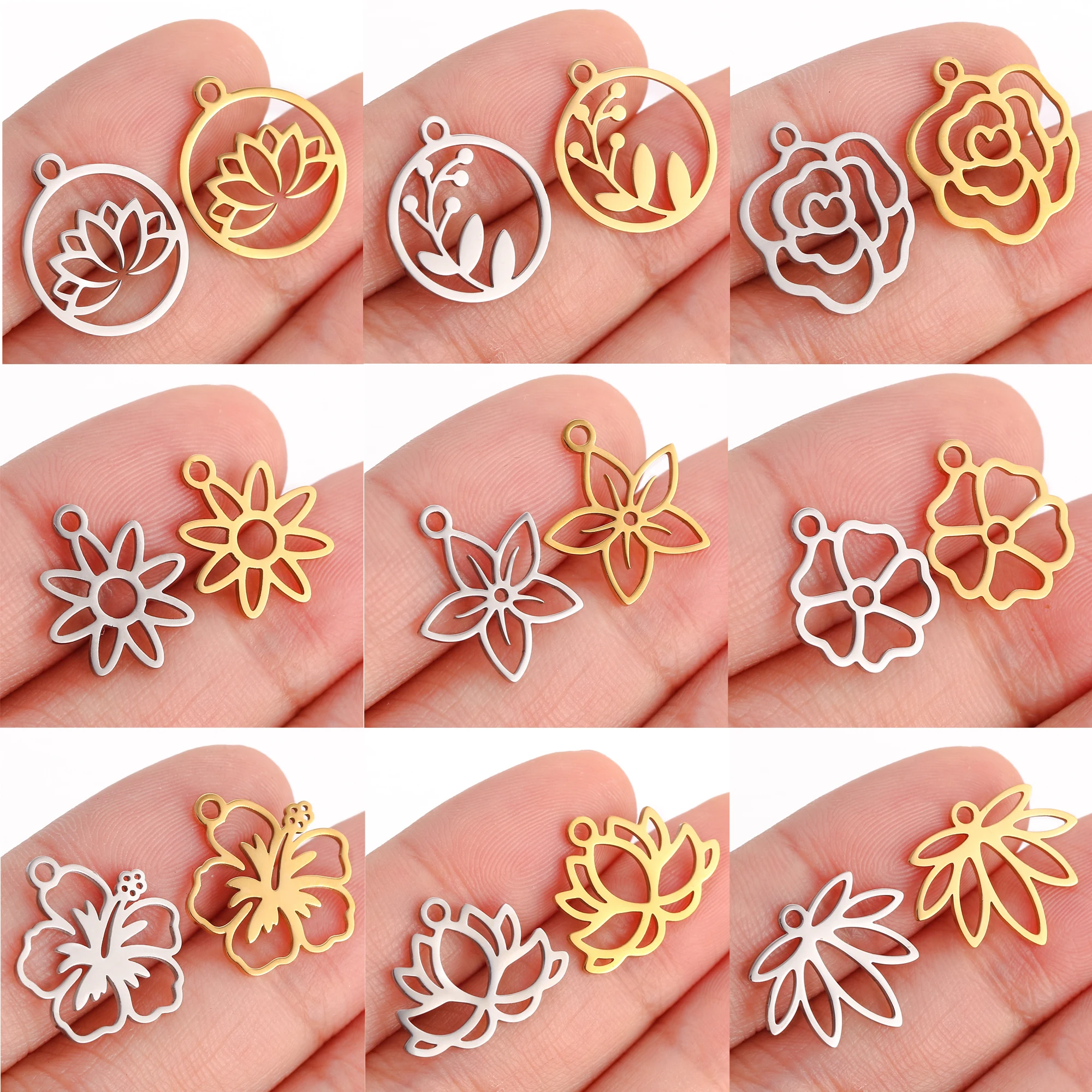 5 sztuk/partia Hollow kwiat Charms ze stali nierdzewnej lotos/róża/Sakura wisiorki szczęśliwy Amulet Diy kolczyki naszyjnik Craft tworzenia biżuterii