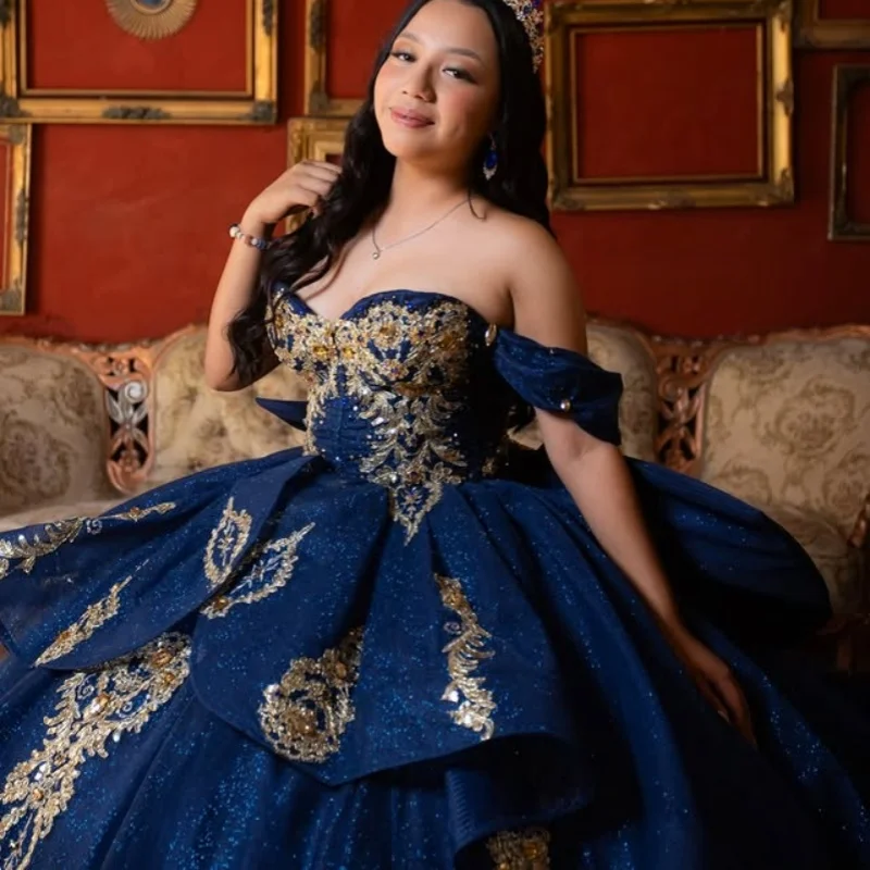 

Shiny Dark Blue Quinceanera Dresses Off the Shoulder Sequin Decal Tull layering Ruffle Bow Vestido De 15 Quinceanera Customize