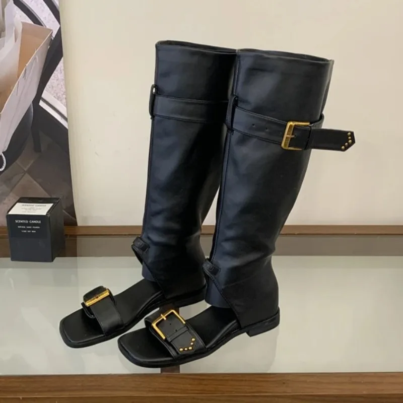 

Aneikeh Fashion Low Heels Retro Buckle Strap Knee-High Women Boots Sandals Square Toe Open-toe Booties Shoes Spring Summer