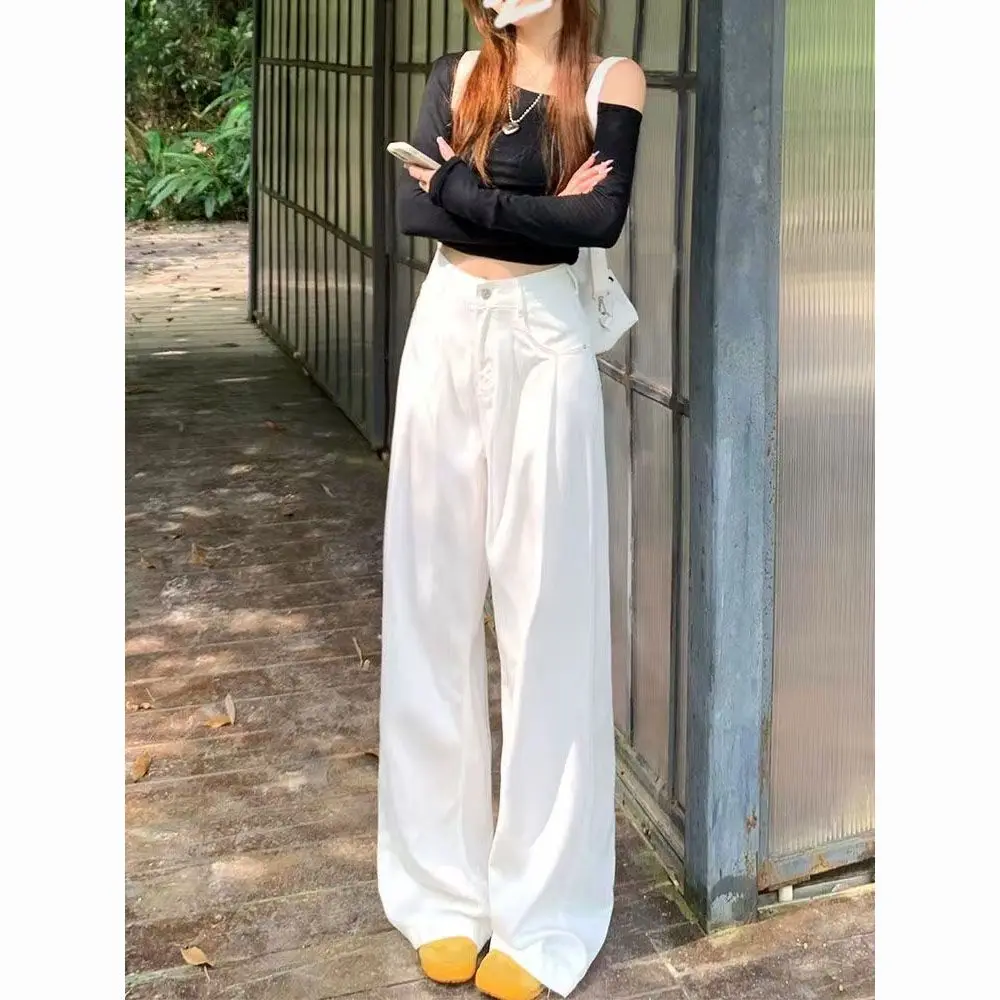 Witte wijde pijpen denim jeans dames herfst winter nieuwe losse slanke casual broek hoge taille rechte gevouwen veelzijdige lange broek