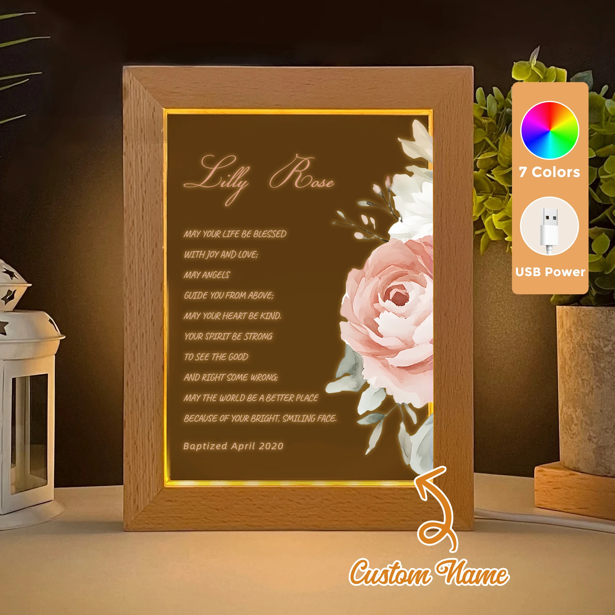 

2D Flat Custom Name Christianity Is Baptized LED Acrylic Night Light Wood Photo Frame 21x17cm Family Bedroom Gifts Home Decor