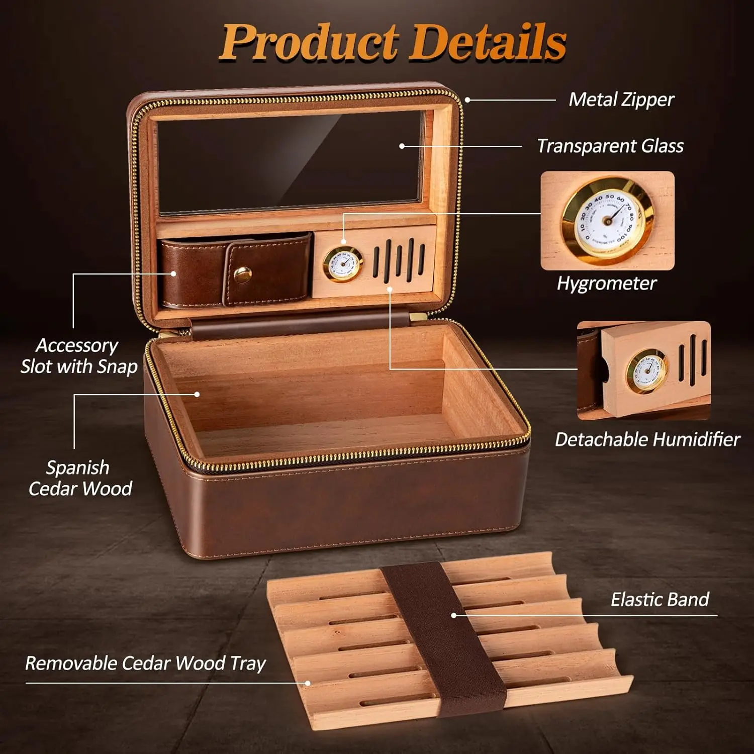 Travel Cigar Humidor,Cedar Wood Double Layer Cigar Humidor with Built-in Humidifier,Glass Top Cigar Humidor with Cigar Lighter