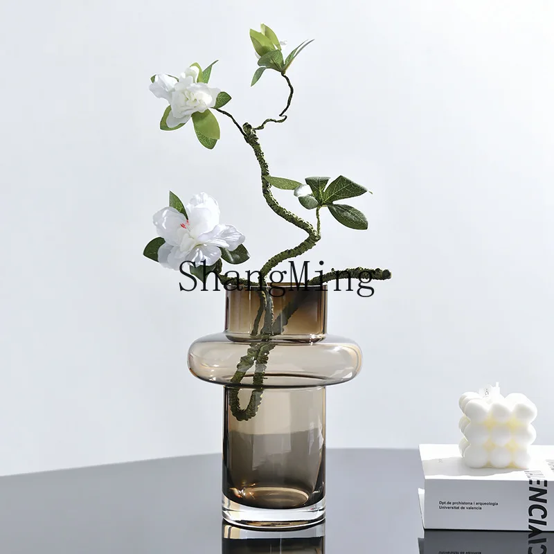 

CL retro home transparent brown glass vase green plant flower hydroponics round straight glass illustration flower device