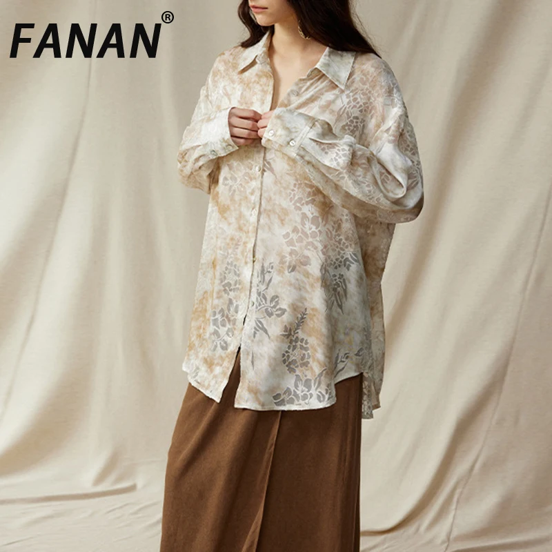 

FANAN Elegant Jacquard Sunscreen Shirts Women's Lapel Single Breasted Long Sleeve Temperament Blouses Female Top 2025 Summer New