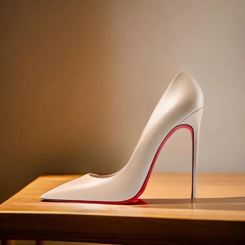 

Light nude black matte leather top pointed12cm thin heel red sole high heels street photography office professional single shoes