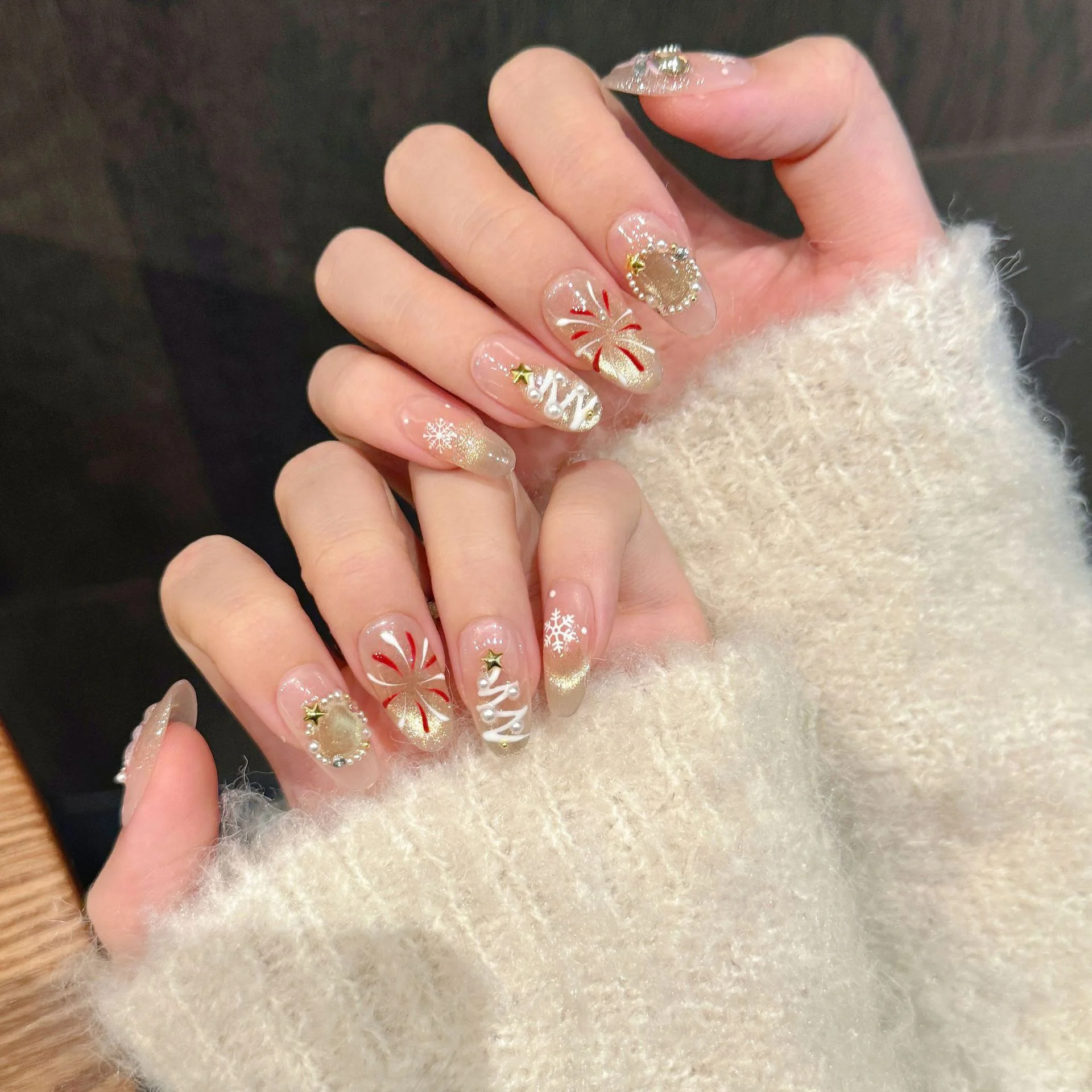 10 Stück handgemachte Nägel zum Aufdrücken, Weihnachten, Schneeflocke, rot, französische Kunstnägel, tragbar, Glitzer, Mandel, künstliche Nägel, Kunst, lang, abnehmbar
