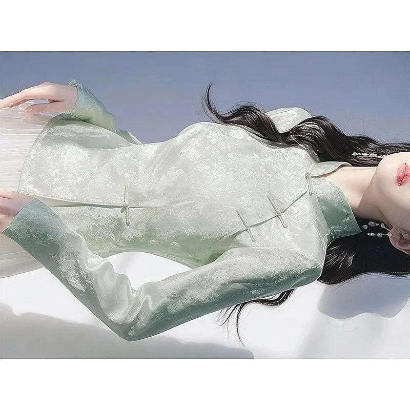 

New Chinese Mint Green Shirt for Women Spring Summer High Sense Luxury Unique and Beautiful Slim Versatile Collar Shirt Women