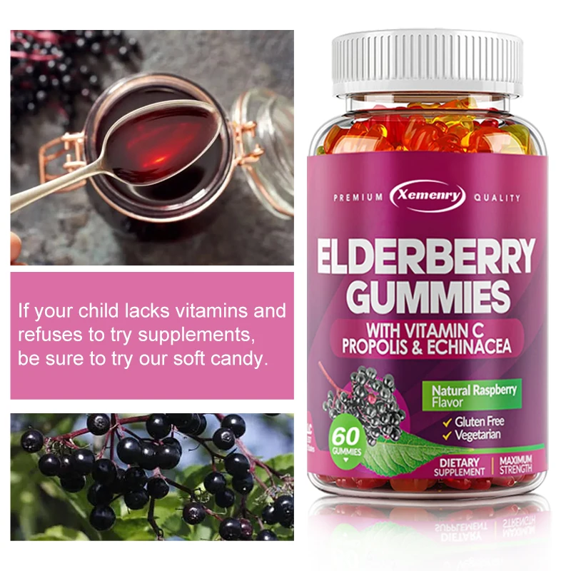 

Elderberry Gummies - Antioxidant, Soothe Inflammation, Improves Cell Activity and Elasticity, Boosts Immunity - with Vitamin C