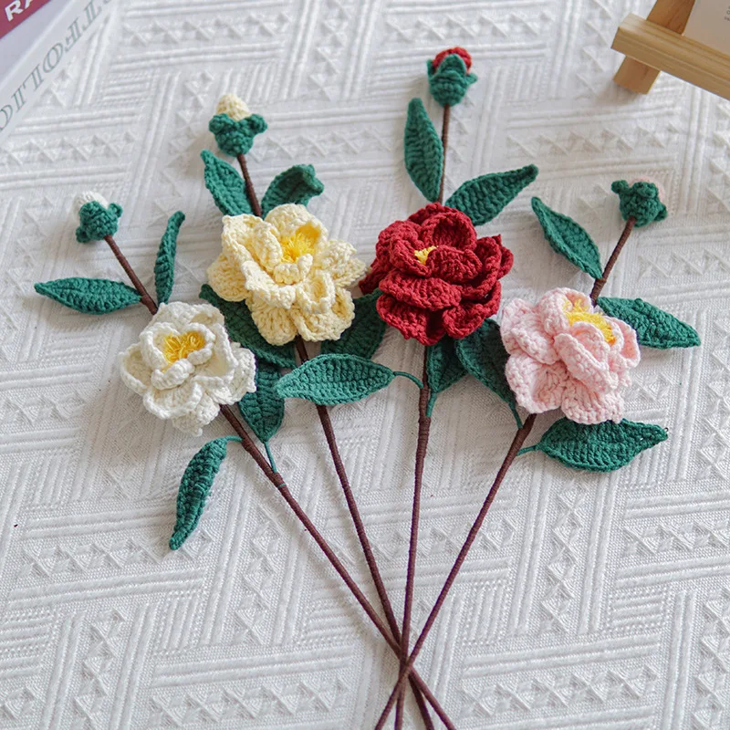 Hand-knitted Camellia Bouquet Wool Finished Product Handmade Gift Eternal Flower Valentine's Day Gift for Friends and Besties