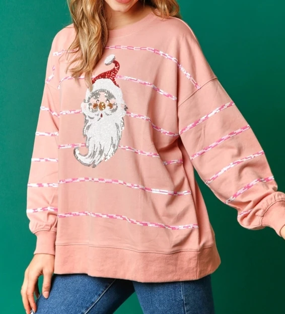 Fashion 2024 Autumn New Hoodie Christmas Santa Claus Sequined Casual Top Striped Long Sleeved Sweatshirt for Women