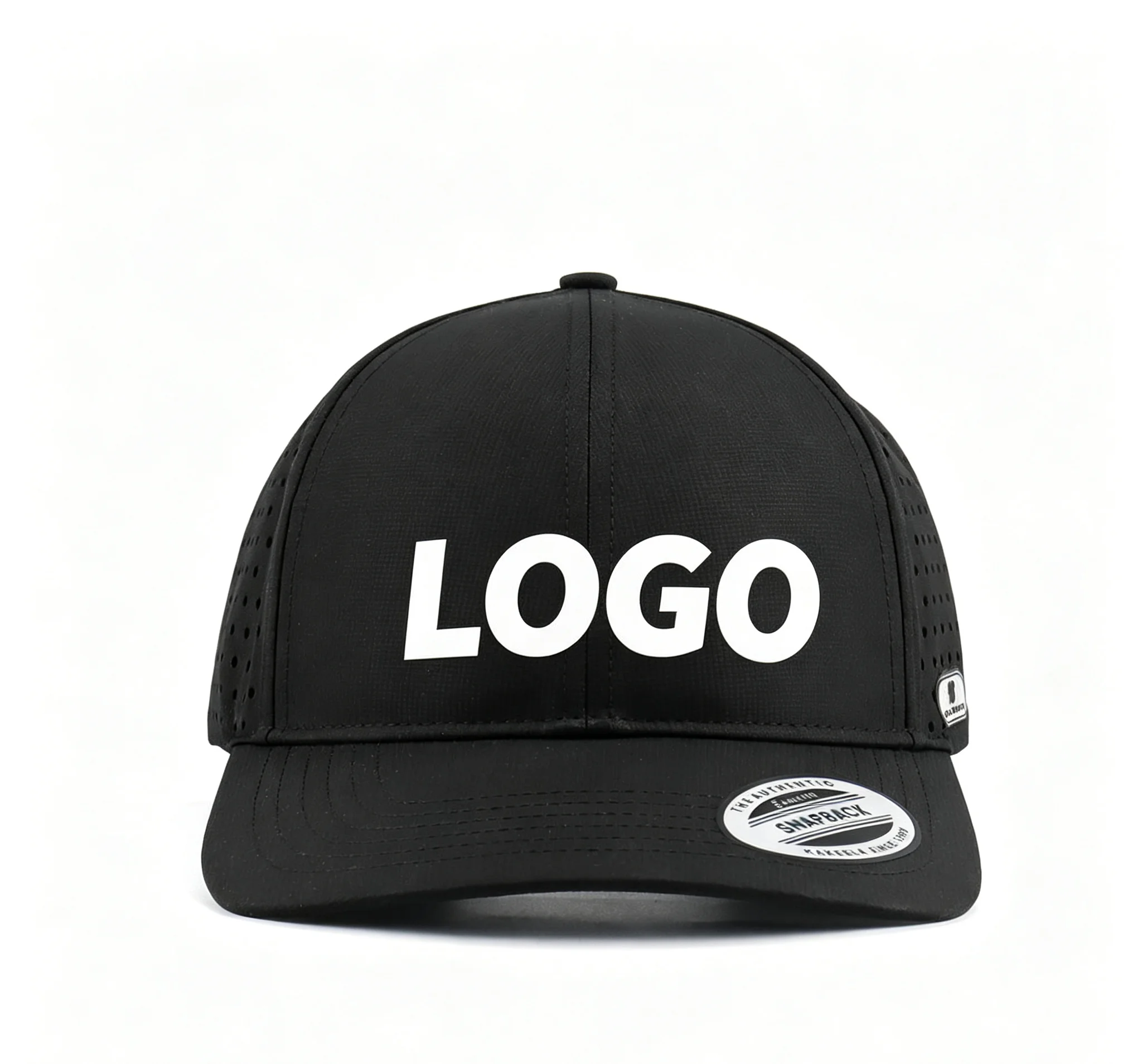 Custom OEM 6 Panel Golf Cap Waterproof Laser Perforated Hole Baseball Hat with Rubber Patch Lightweight Outdoor Sport Cap