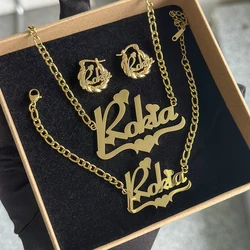 New Stainless Steel Customized Set Jewelry Custom 18MM Threaded Earrings Figaro Chain Heart Name Necklace Bracelet Set For Kids