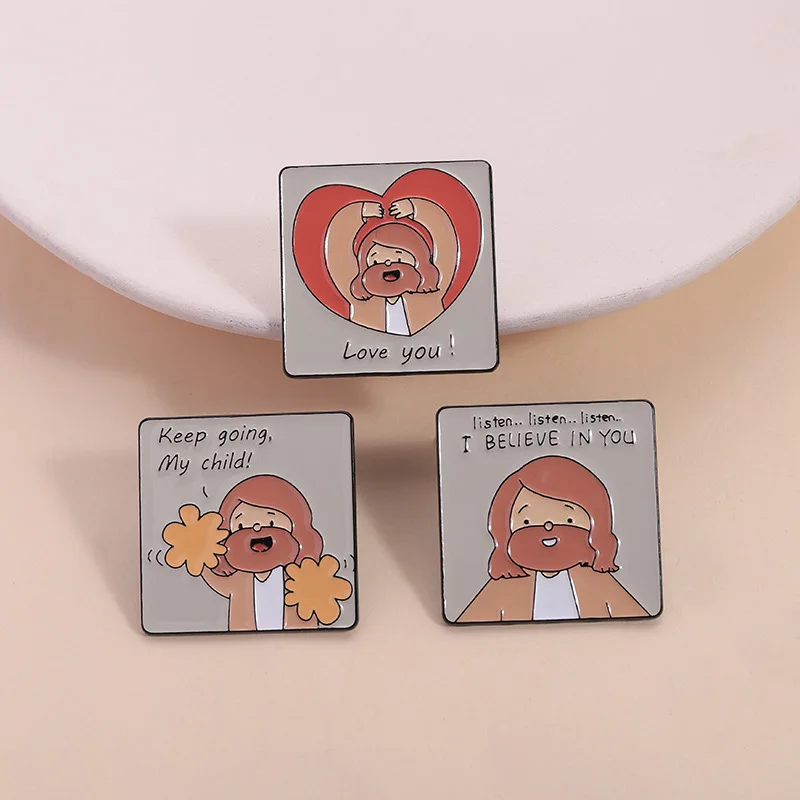 3pcs Cartoon Jesus Love You Enamel Brooch Creative Keep Going My Child Listen I Believe in You Lapel Pin Badge Jewelry Gift