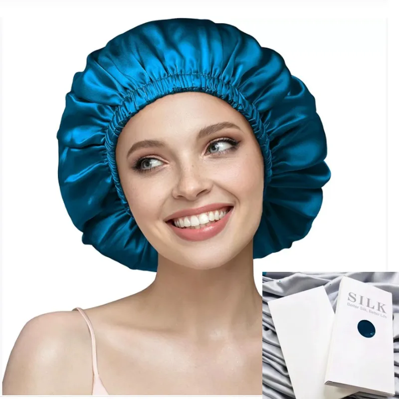 女性用シルクナイトキャップ、100-桑シルク二重層サテン、調節可能な伸縮性バンド、ヘアサテンナイトキャップ、ビーニー