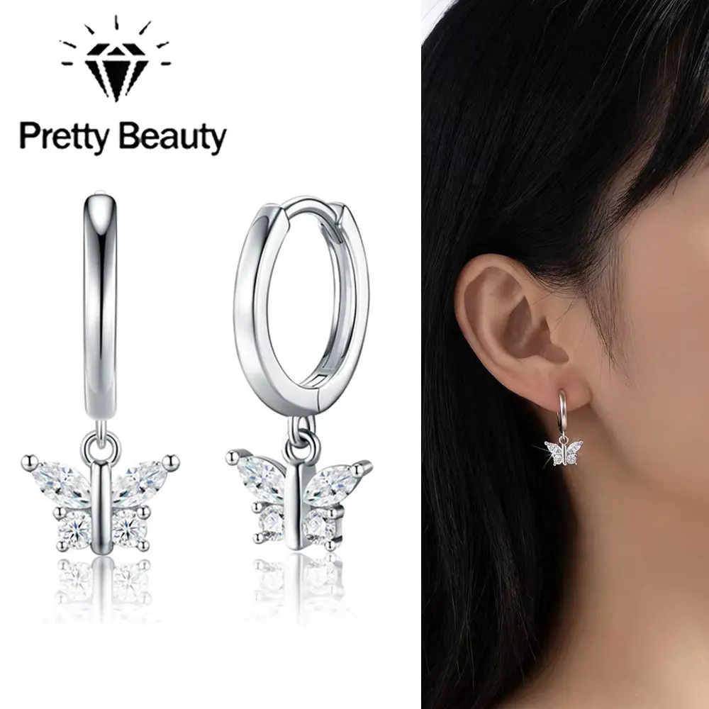 Pretty Beauty 925 Silver Moissanite Butterfly Dangle Huggie Earrings for Women Girls Charm Hoop Earrings Party Gift Fine Jewelry