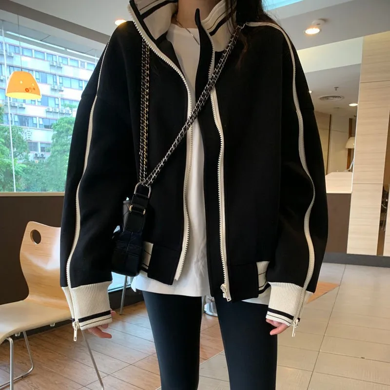 

Baseball Black Women Jackets Korean Fashion Oversized Casual Harajuku Zipper Thin Fleece Coat Female Outerwear Crop Street Style