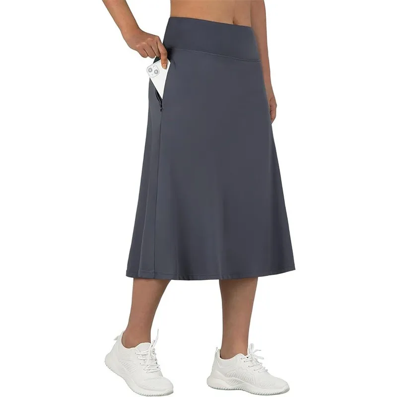 Women's Long High Waist Solid Color Midi Skirt with Zipper Pocket – Black Navy Burgundy Grey Khaki Brown Elastic A Line Casual