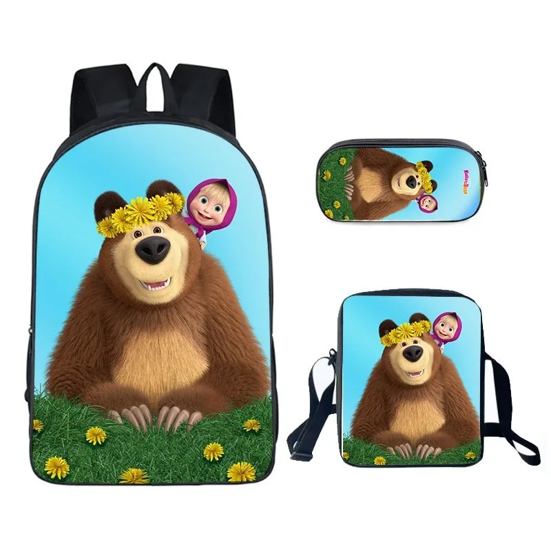 3pcs/set Masha and Bear Kids Backpacks Anime Harajuku Print Schoolbag Shoulder Bags Pencil Cases 3D Cartoon Backpack Mochila