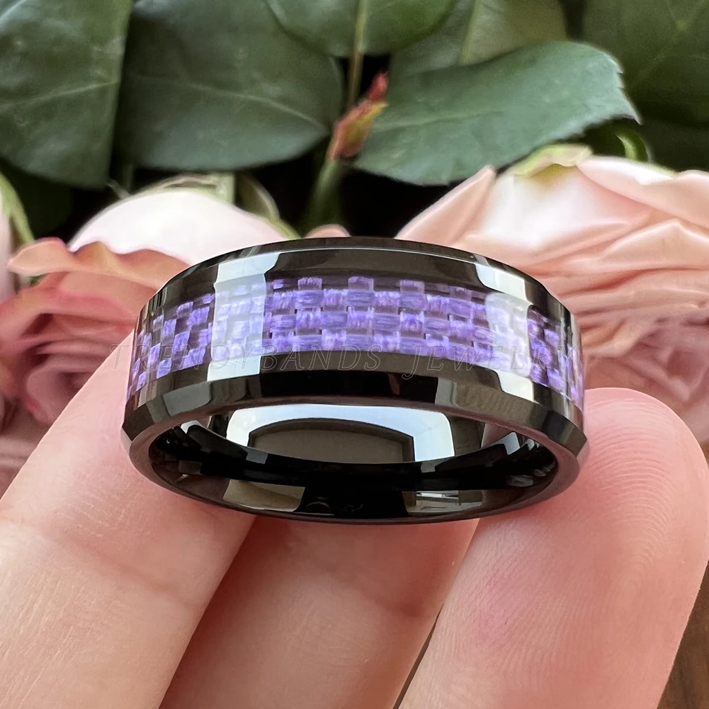 6mm 8mm Purple Carbon Fiber Inlay Black Tungsten Ring for Men Women Beveled Edges High Poished Shiny Comfort Fit