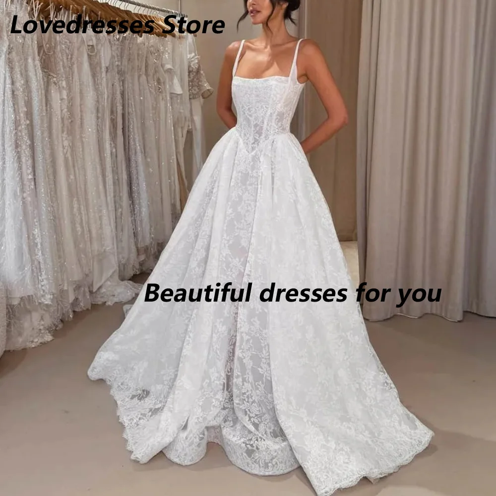 Bezauberndes Brautkleid mit Spaghettiträgern, maßgeschneidert, Spitze, A-Linie, Schleppe, eckiger Ausschnitt, Hochzeitskleid 2026, Vestido De Noiva