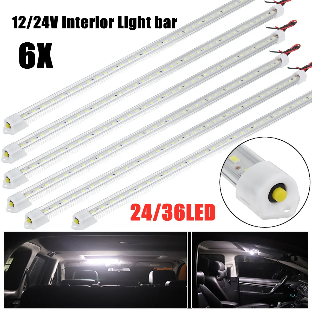 6X 12V/24V LED 24LED 36LED Car Interior Light Lamp Strip Bar On/Off Switch for Van Lorry Truck Camper Caravan Camping RV Caravan