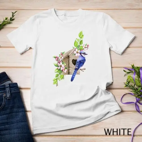 Blue Jay Bird - Birdhouse and Pink Blossoms - Bird Watching Unisex T-shirt