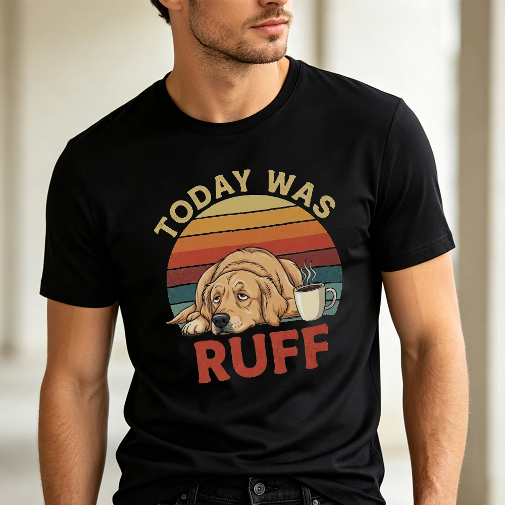 Tired Golden Retriever Dog with Coffee Cup Pun Graphic T Shirt Men Relaxed Daily Casual Funny Pet Owner Gift for Dog Lovers