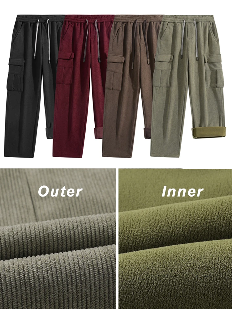 Winter Corduroy Sweatpants Men Multi-Pockets Fleece Liner Knit Cargo Pants Thicken Warm Casual Loose Straight Male Trousers