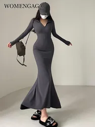 WOMENGAGA Spice Girl Style Sexy Tight Slim Zipper Lapel Long Sleeve Hip Slim V Neck Fishtail Dress Long Dresses Robe Korean K8ZD