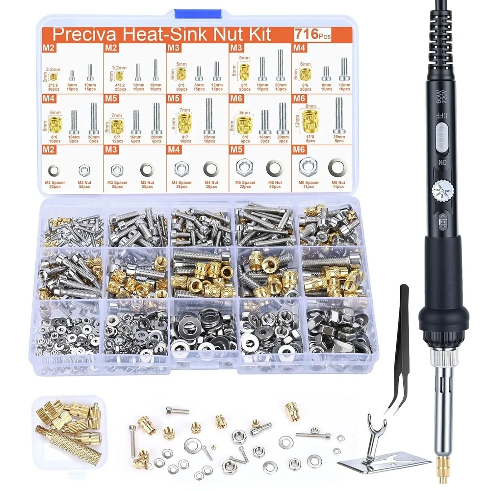 716PCS Copper and Brass Thread Insert Kit with M2 M5 for m6 Sizes Compatible with 60W Soldering Iron Stand for Plastic Assembly