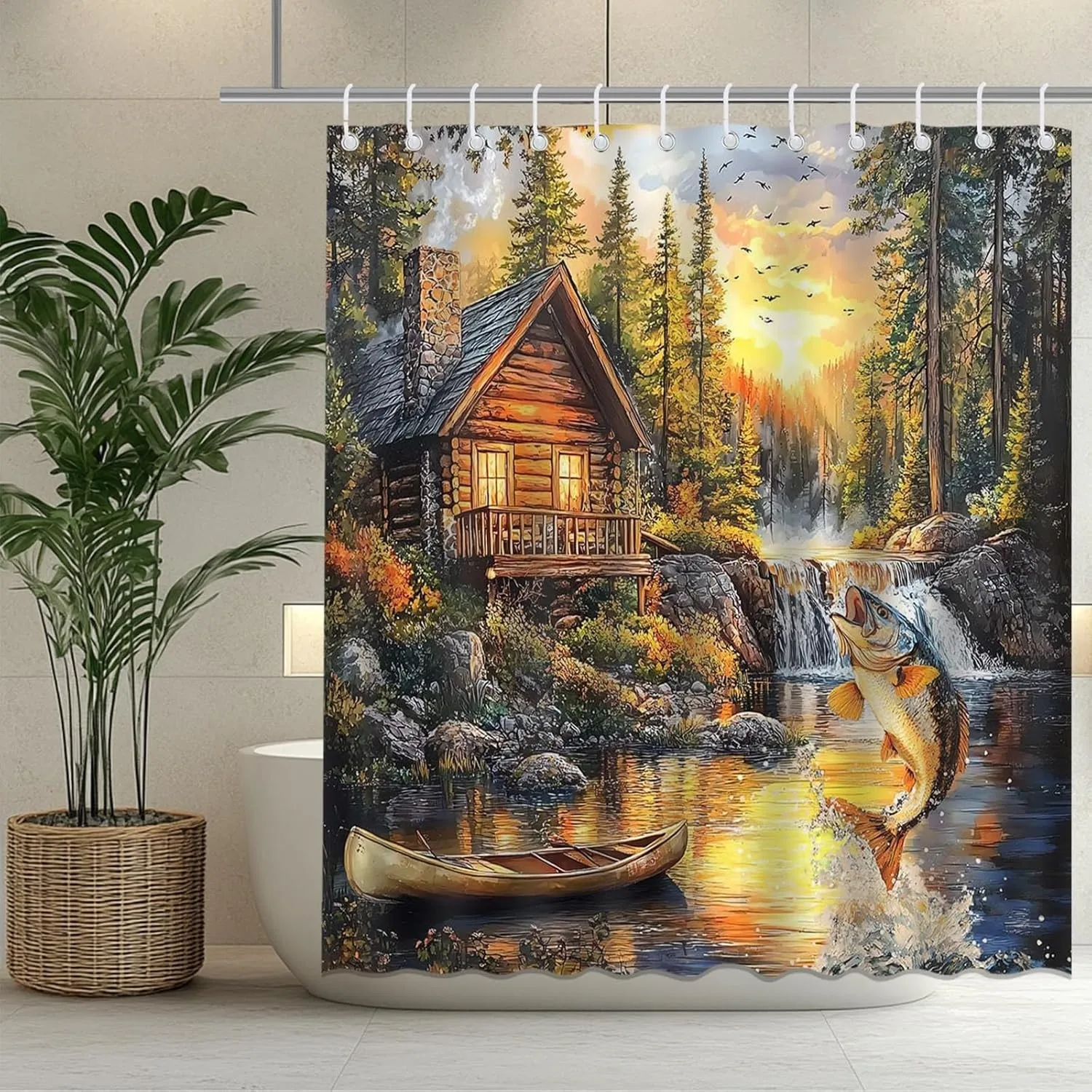Log Cabin Lake Fishing Scene Shower Curtain Machine Washable All Season Waterproof Privacy Protection Nature Landscape Design