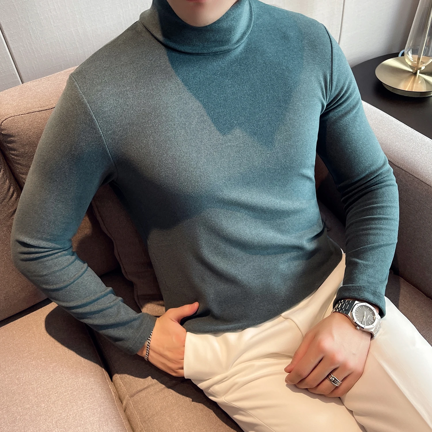 

2022 Elegant Gentleman Mens Winter Tops Slim Fit Jumper For Men Warm Plush Blouse Black Autumn Pullover Mens Knitted Sweater New