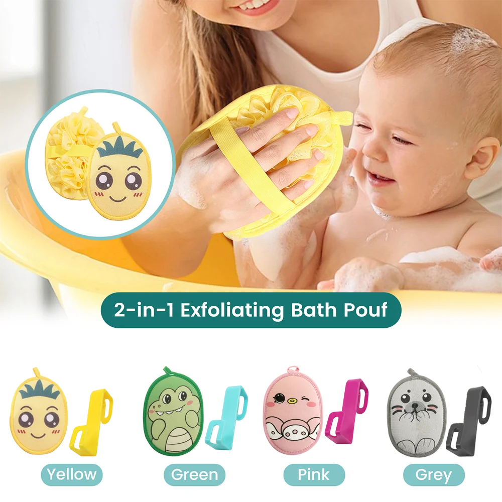 2Pcs Bathroom Shower Set, Cute Pineapple 2-in-1 Double Sided Bath Pouf Exfoliating Shower Mitt & Over Door Hook, Rich Lather Bod
