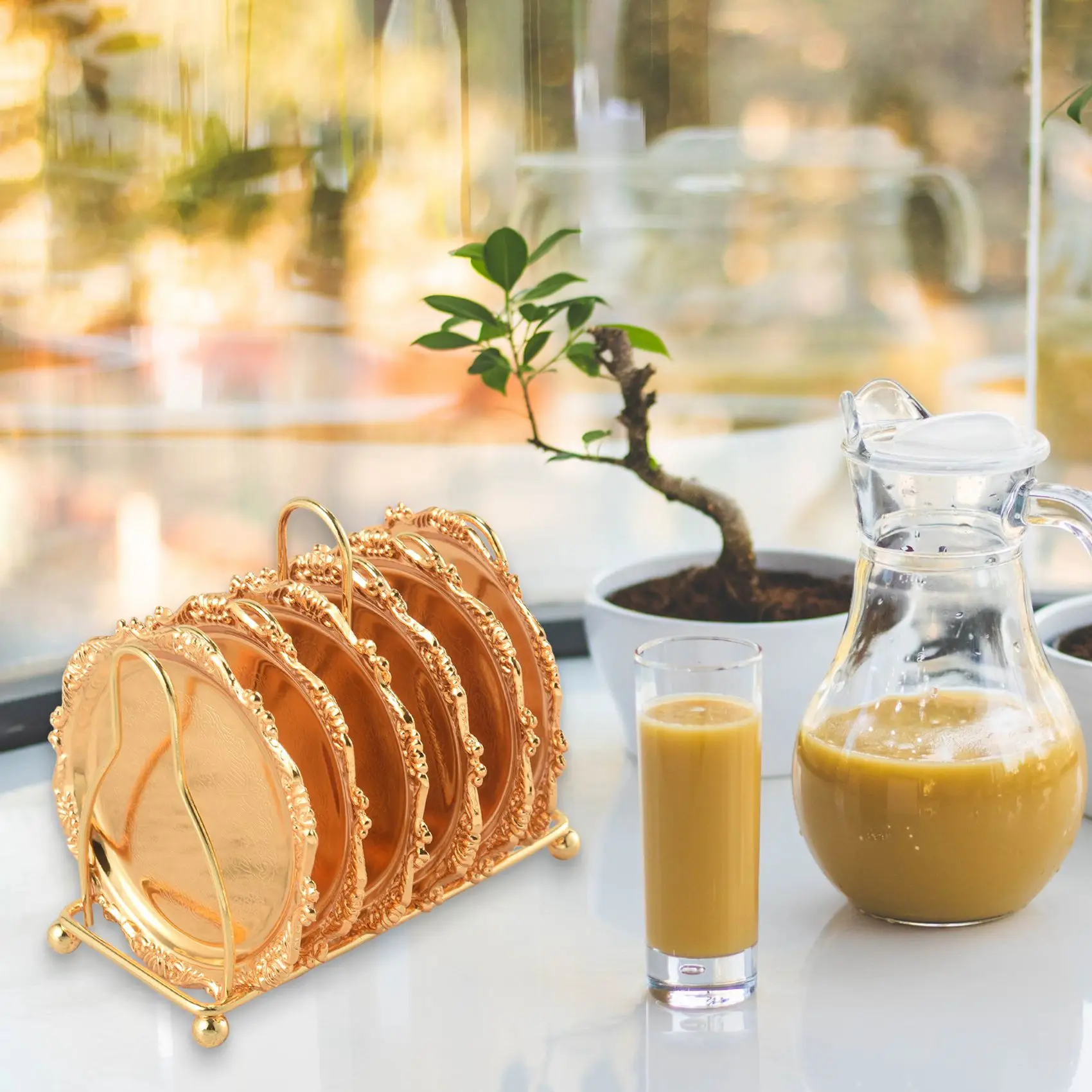 【ELEVATE LIFE】Series 6 Piece Drink Coaster Decorative Frame Non-Slip Metal Coaster Desktop Display With Pole Frame, Kitchen, Cof