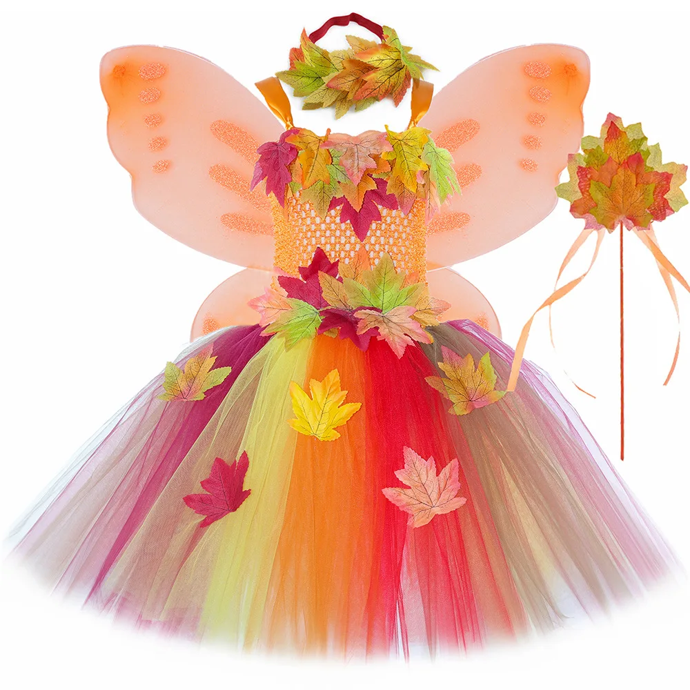 

Girls Thanksgiving Maple Leaf Dress Fairy Princess Tutu Party Gown Yellow Orange Flower Girls Ttutu dresses