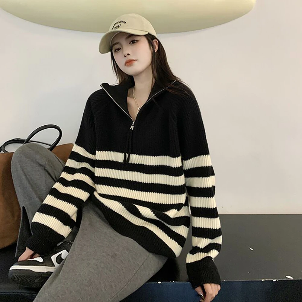 

Half High Collar Zippered Striped Sweater for Women's 2024 Spring Autumn New Loose Pullover Top Knitted Bottoming Sweater